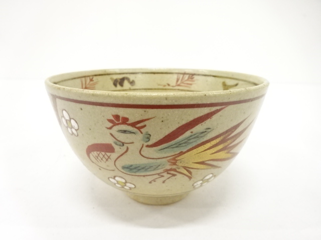 JAPANESE TEA CEREMONY / TEA BOWL CHAWAN / AKAE / FLOWER & BIRD / ARTISAN WORK